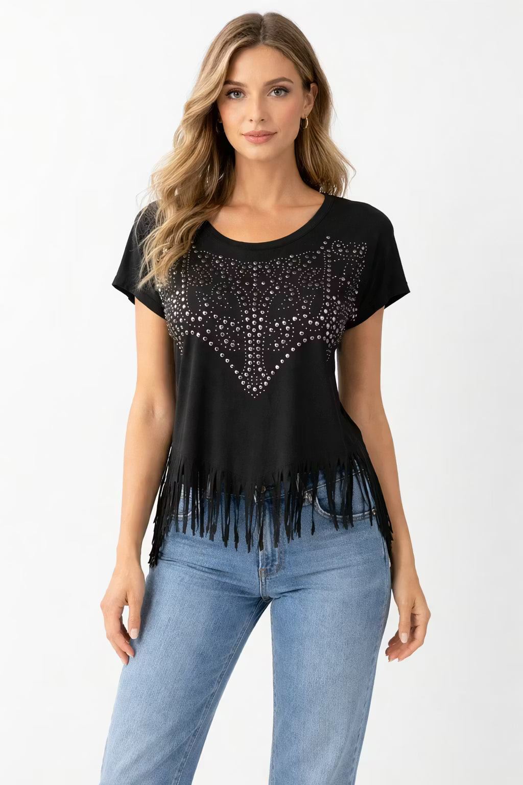 Damski T-Shirt z Nitami i Frędzlami