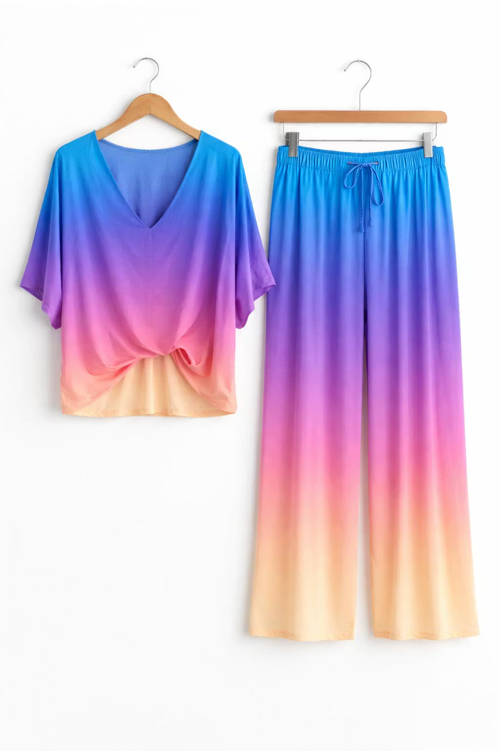 Damski Zestaw Drapowana Koszulka i Spodnie z Szeroką Nogawką