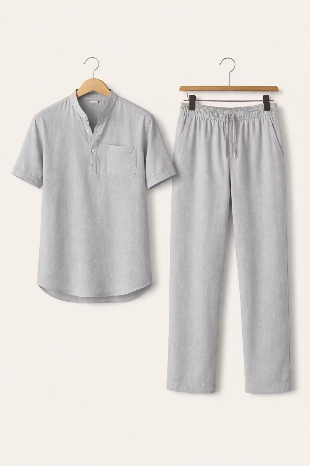 Teksturowany Komplet z Koszulą z Krótkim Rękawem i Spodniami z Mieszanki Lnu