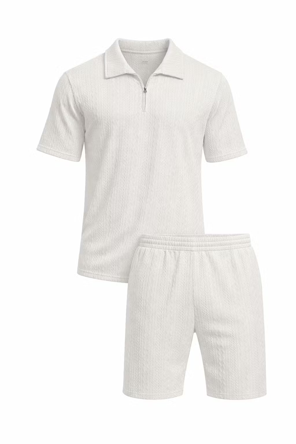 Teksturowany Komplet z Koszulką Polo na Zamek i Szortami
