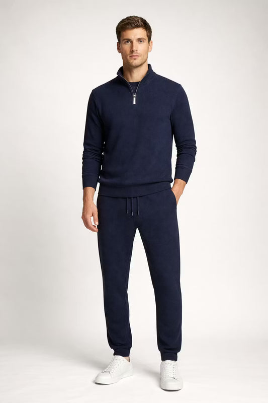 Teksturowany Komplet z Bluzą na Zamek i Dopasowanymi Spodniami