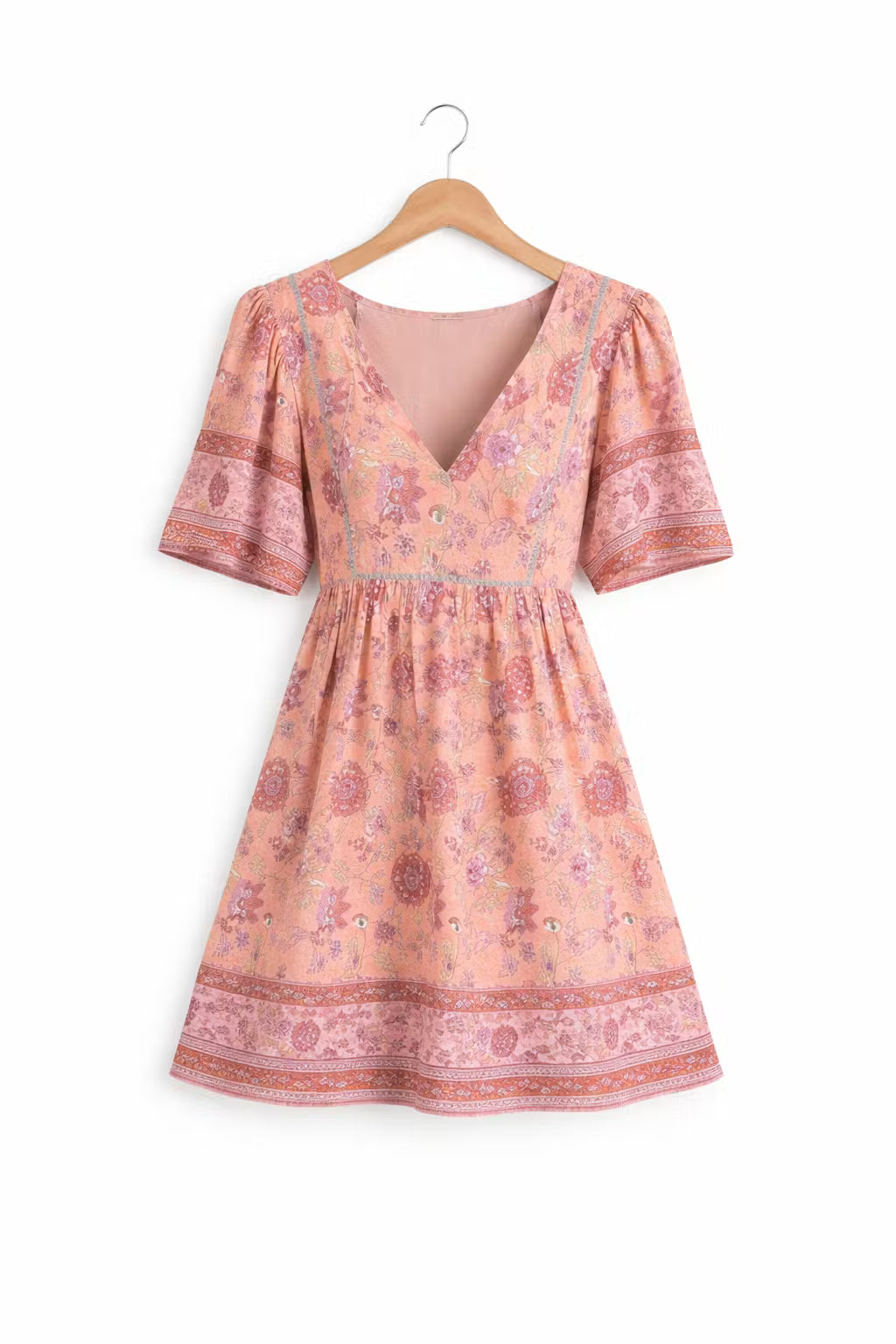 Sukienka Mini Boho w Kwiaty z Dekoltem V i Marszczoną Talią