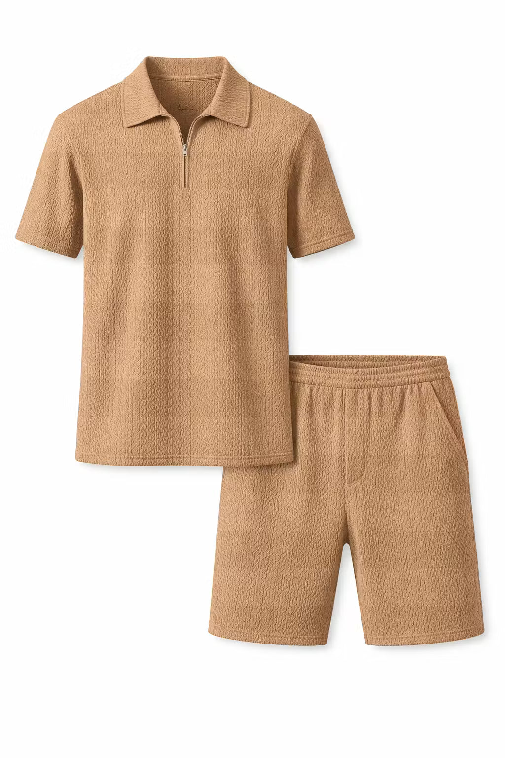 Teksturowany Komplet z Koszulką Polo na Zamek i Szortami