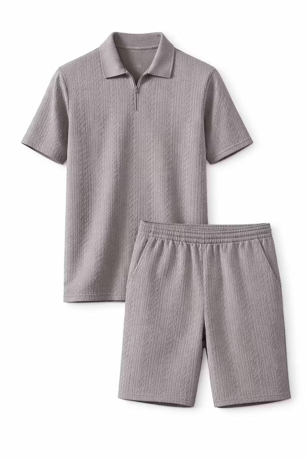 Teksturowany Komplet z Koszulką Polo na Zamek i Szortami