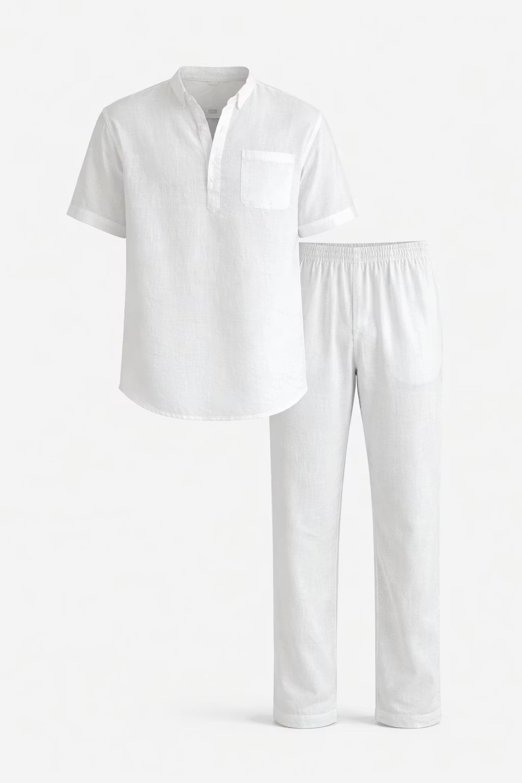 Teksturowany Komplet z Koszulą z Krótkim Rękawem i Spodniami z Mieszanki Lnu