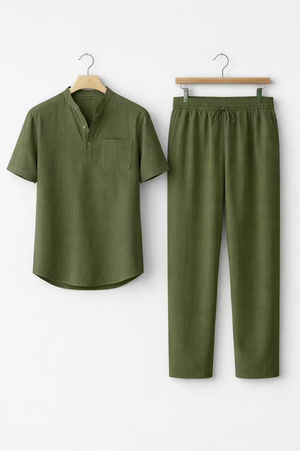 Teksturowany Komplet z Koszulą z Krótkim Rękawem i Spodniami z Mieszanki Lnu