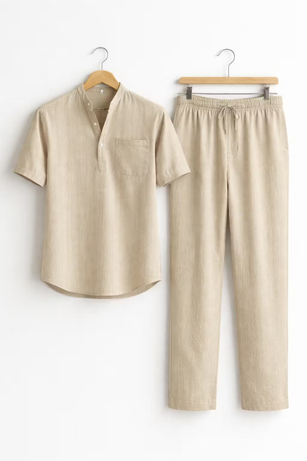 Teksturowany Komplet z Koszulą z Krótkim Rękawem i Spodniami z Mieszanki Lnu