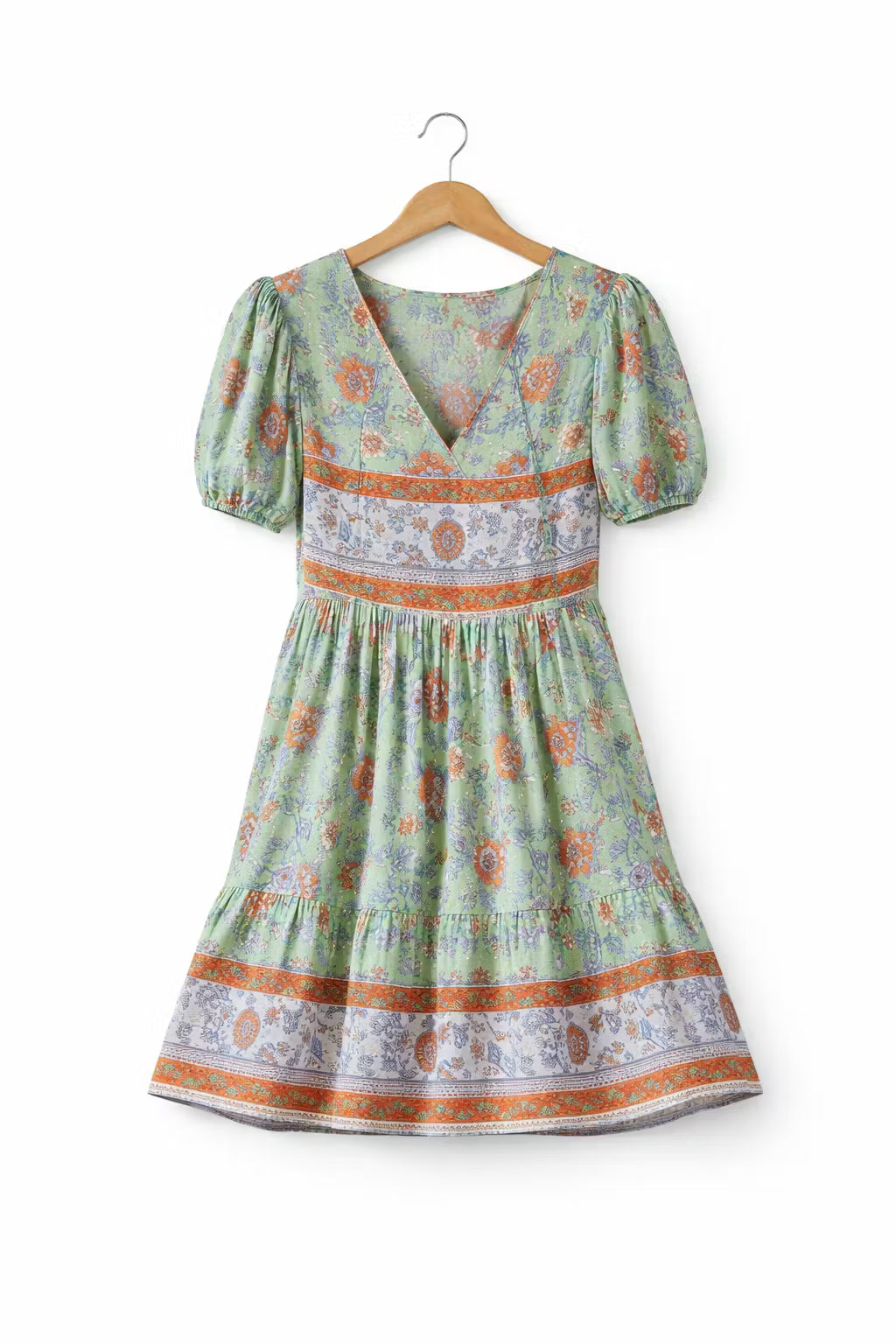 Sukienka Mini Boho w Kwiaty z Dekoltem V i Marszczoną Talią
