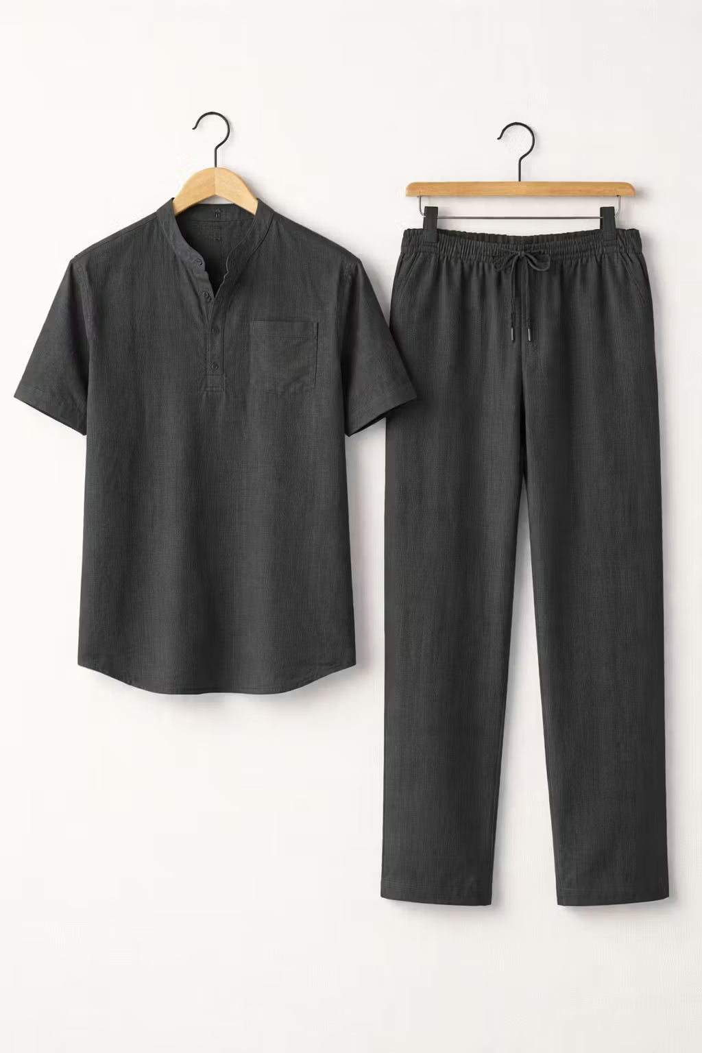 Teksturowany Komplet z Koszulą z Krótkim Rękawem i Spodniami z Mieszanki Lnu