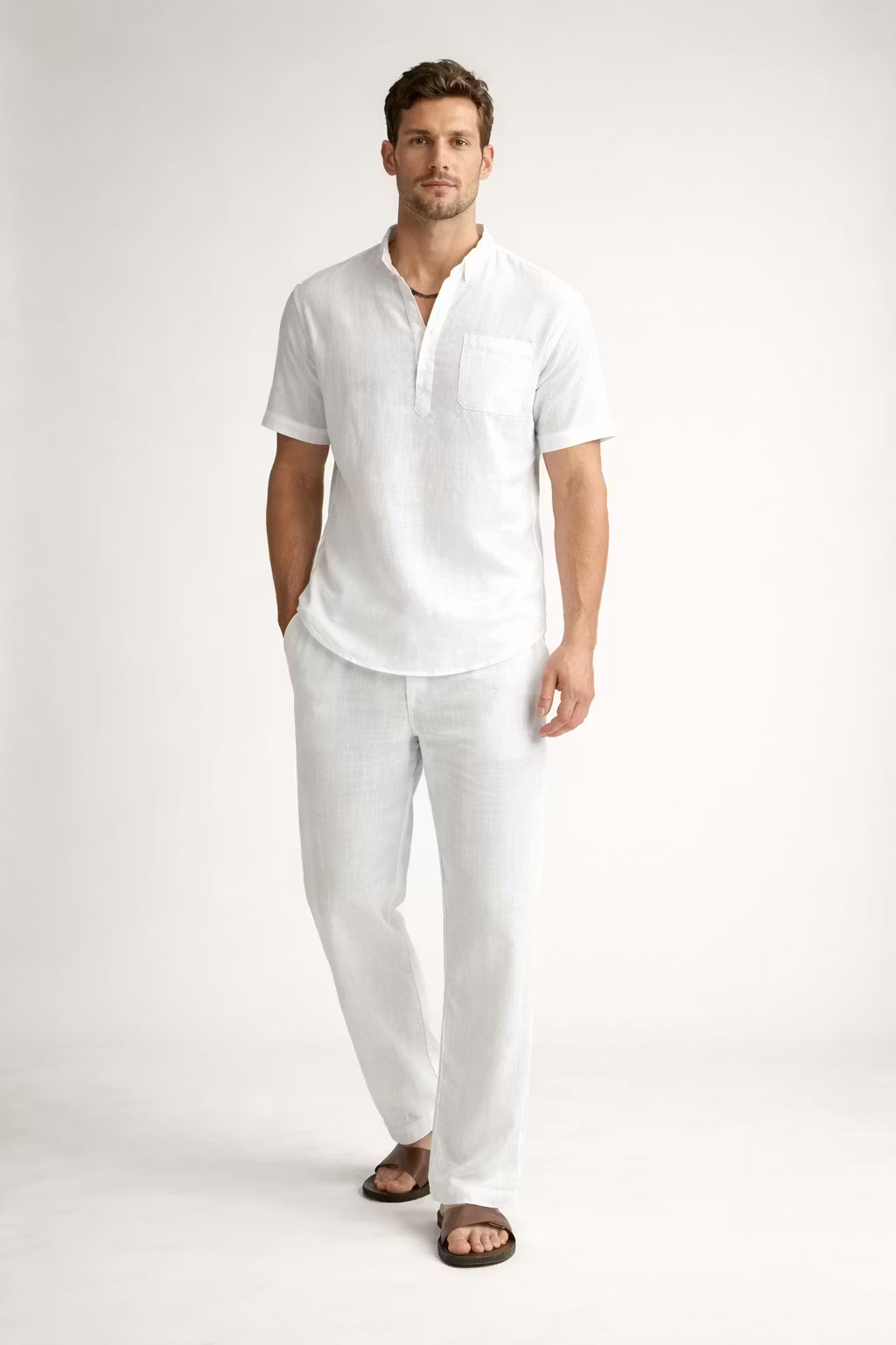 Teksturowany Komplet z Koszulą z Krótkim Rękawem i Spodniami z Mieszanki Lnu