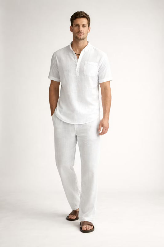 Teksturowany Komplet z Koszulą z Krótkim Rękawem i Spodniami z Mieszanki Lnu
