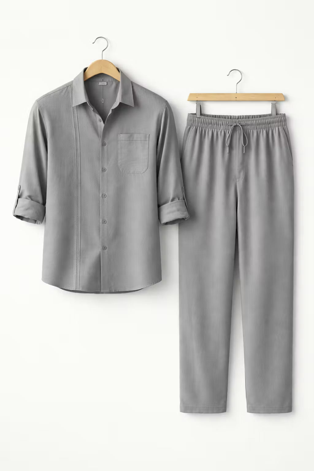 Teksturowany Komplet w Odcieniu Szałwii z Koszulą i Spodniami ze Sznurkiem