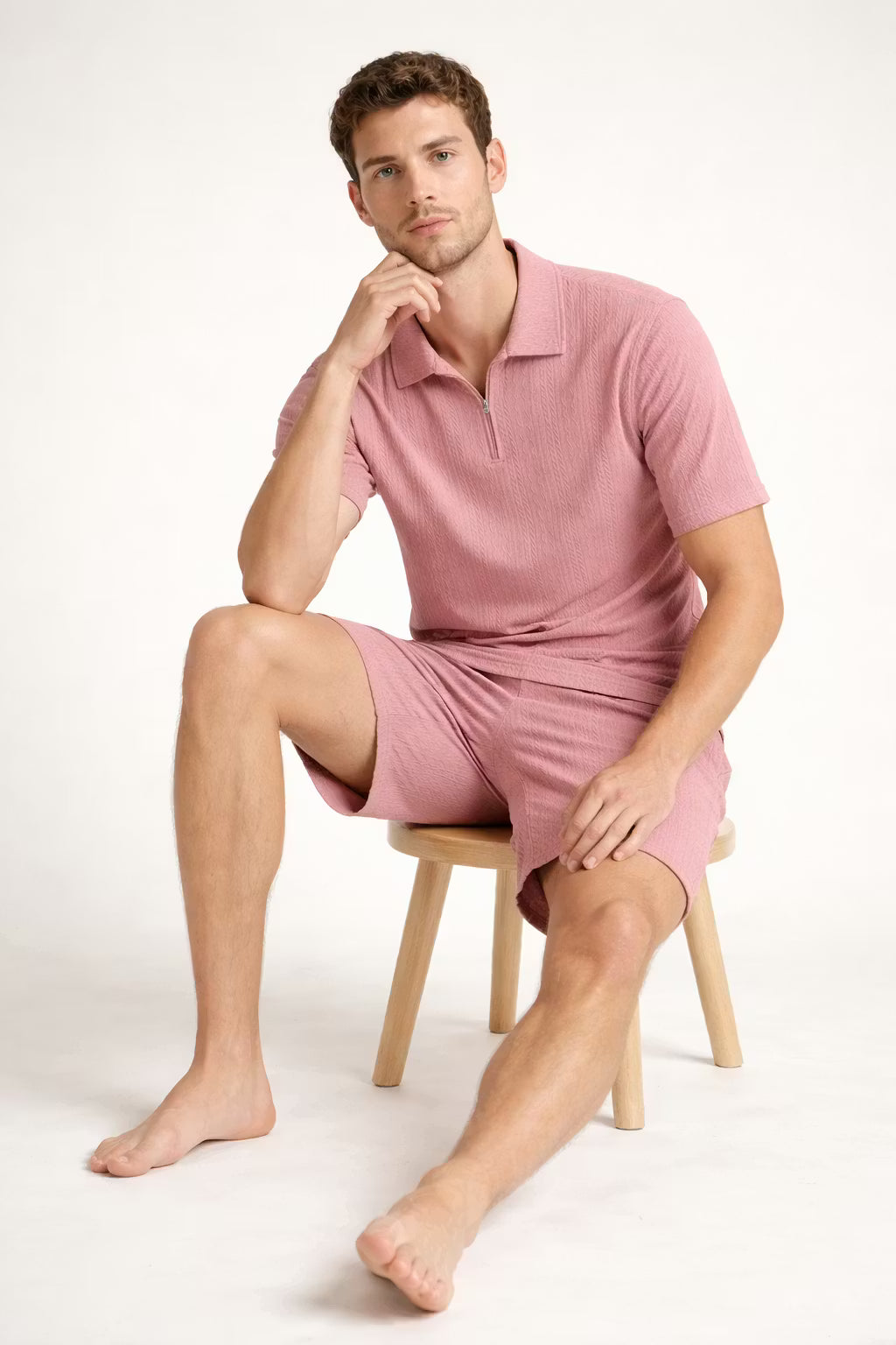 Teksturowany Komplet z Koszulką Polo na Zamek i Szortami