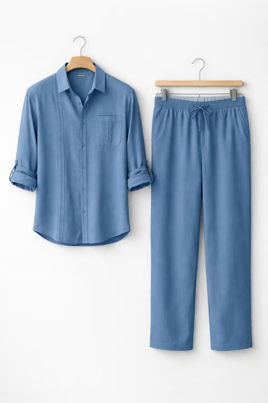 Teksturowany Komplet w Odcieniu Szałwii z Koszulą i Spodniami ze Sznurkiem