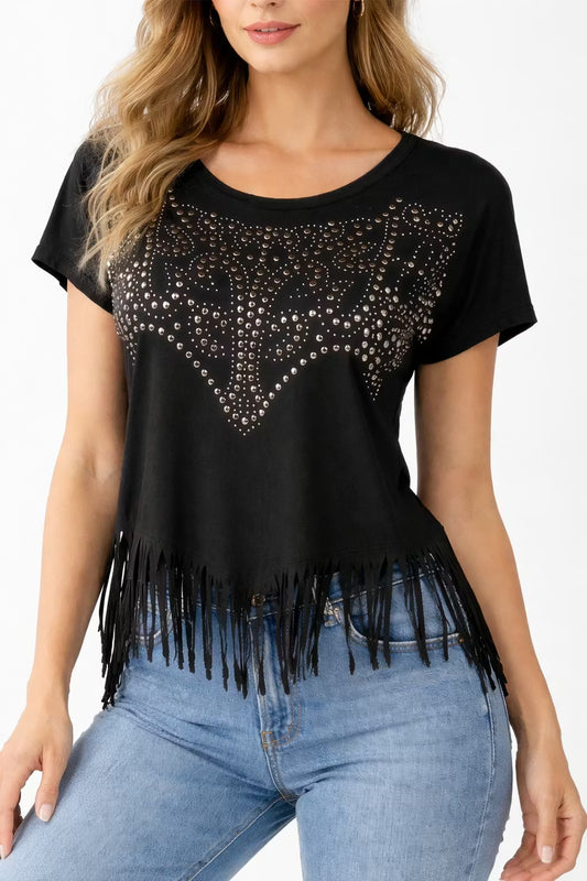 Damski T-Shirt z Nitami i Frędzlami
