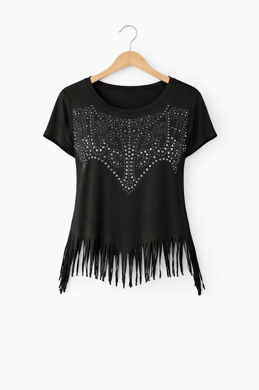 Damski T-Shirt z Nitami i Frędzlami