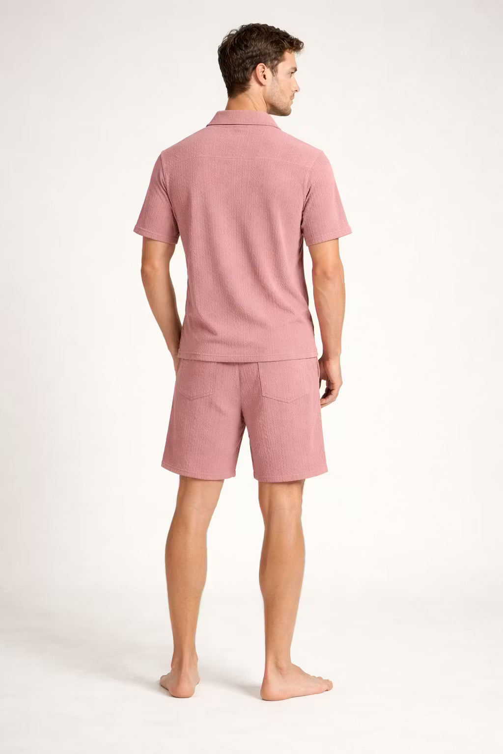 Teksturowany Komplet z Koszulką Polo na Zamek i Szortami