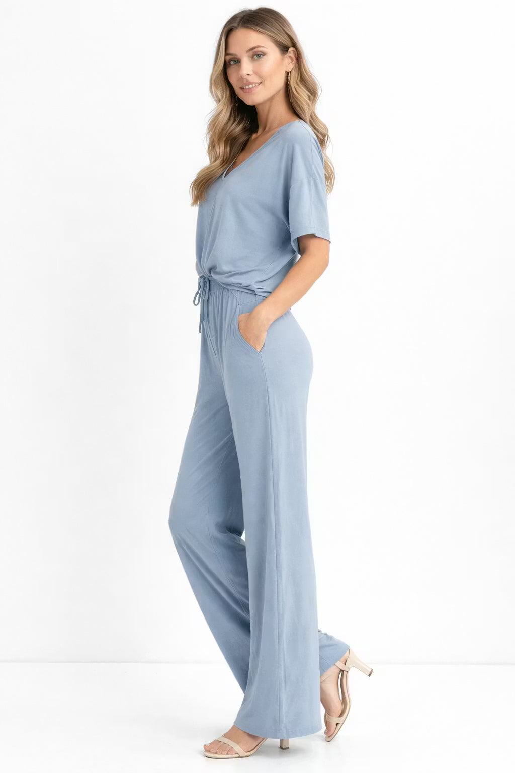 Damski Zestaw Drapowana Koszulka i Spodnie z Szeroką Nogawką