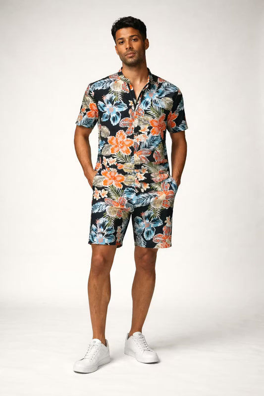 Męski Kombinezon z Krótkim Rękawem w Tropikalny Wzór
