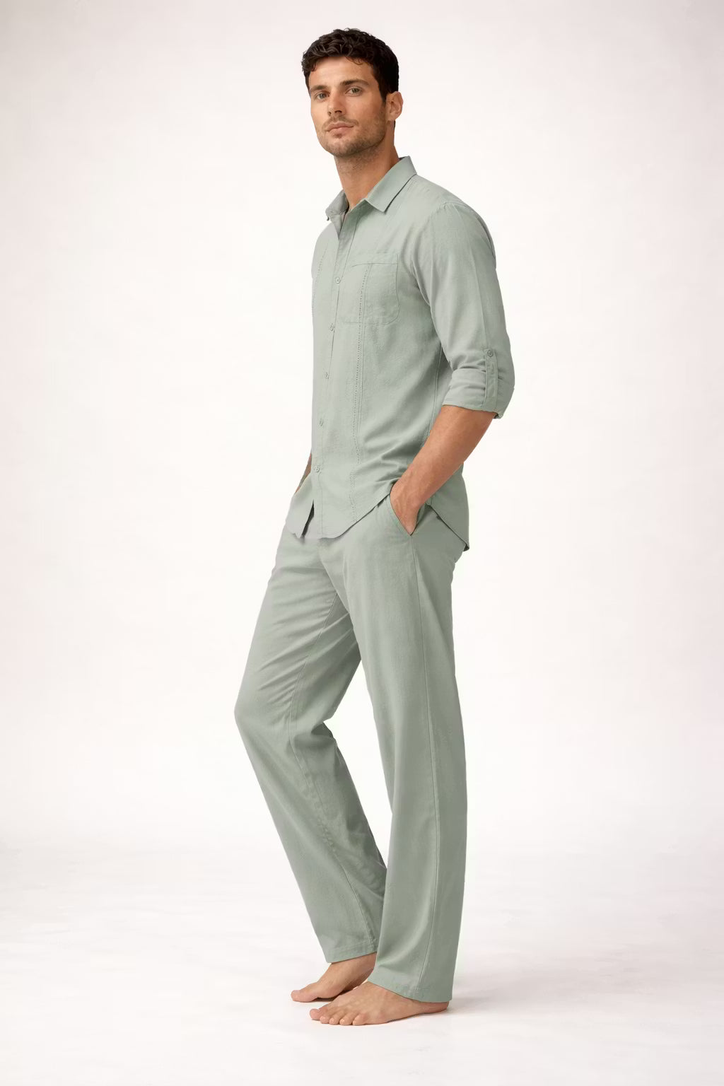 Teksturowany Komplet w Odcieniu Szałwii z Koszulą i Spodniami ze Sznurkiem