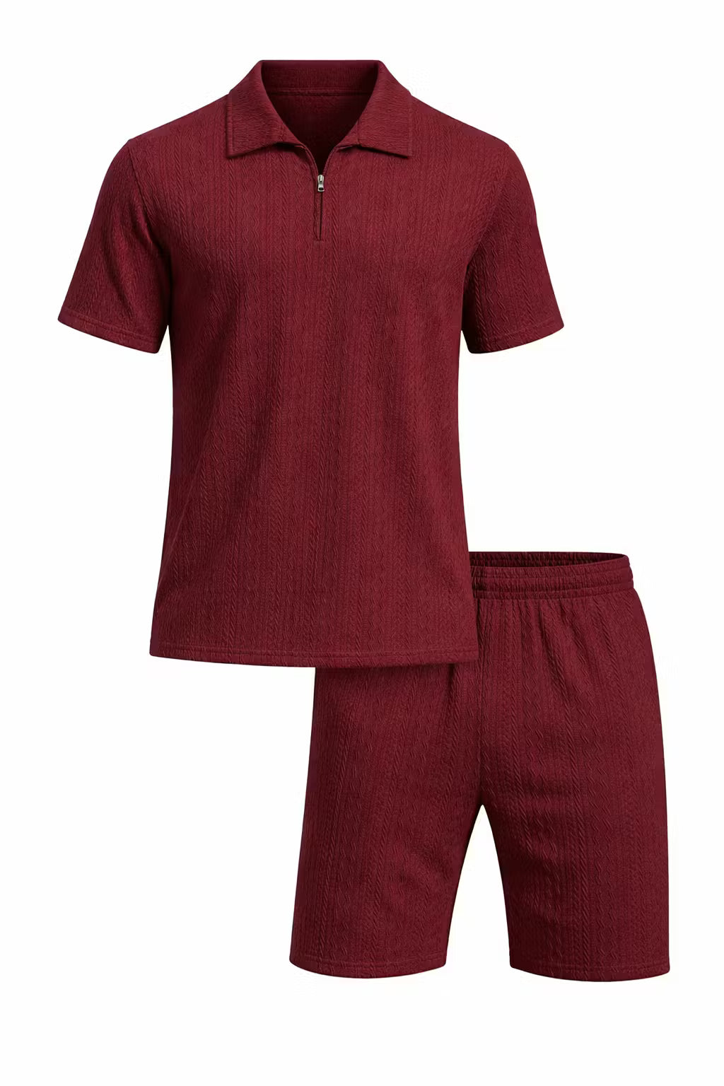 Teksturowany Komplet z Koszulką Polo na Zamek i Szortami