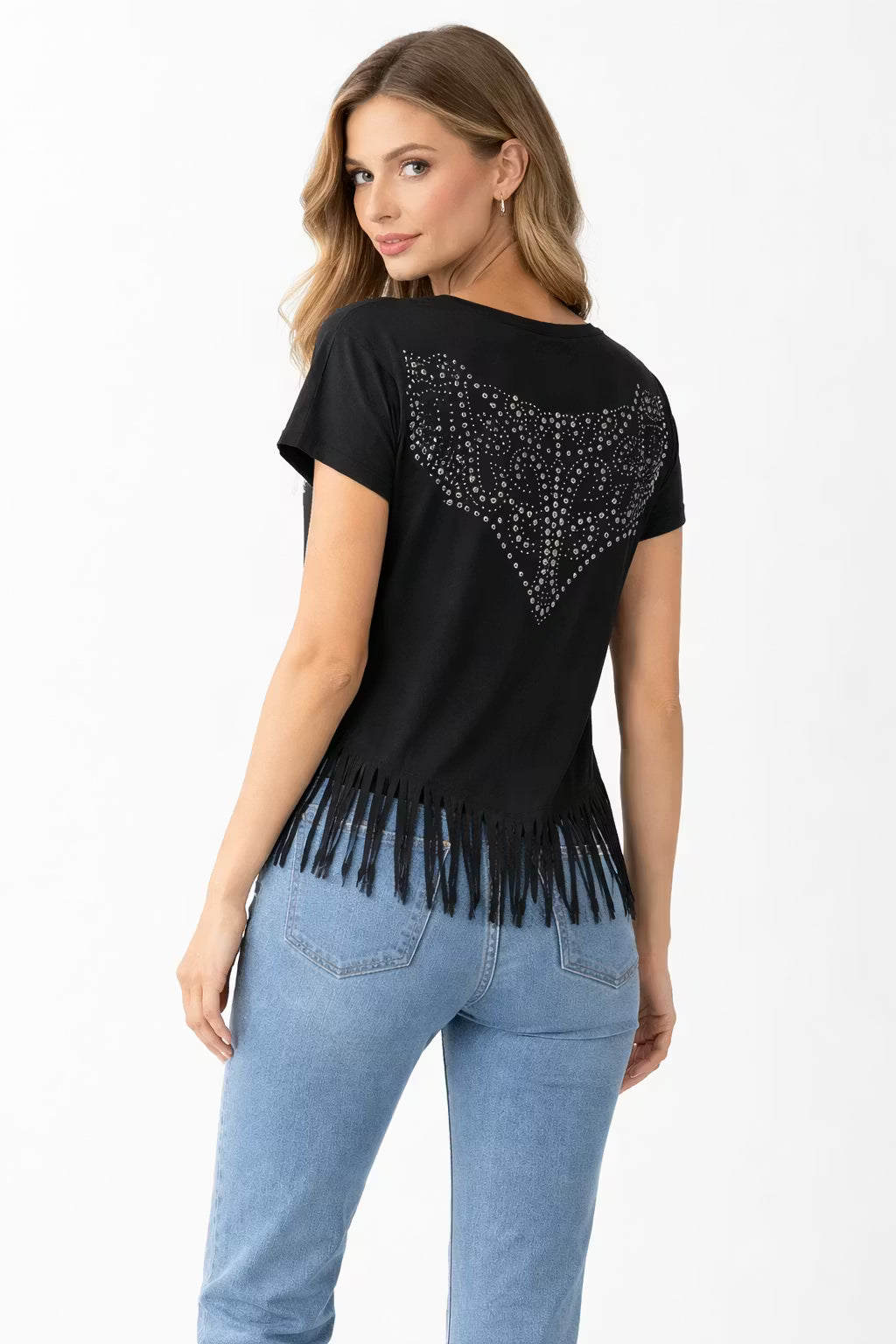 Damski T-Shirt z Nitami i Frędzlami