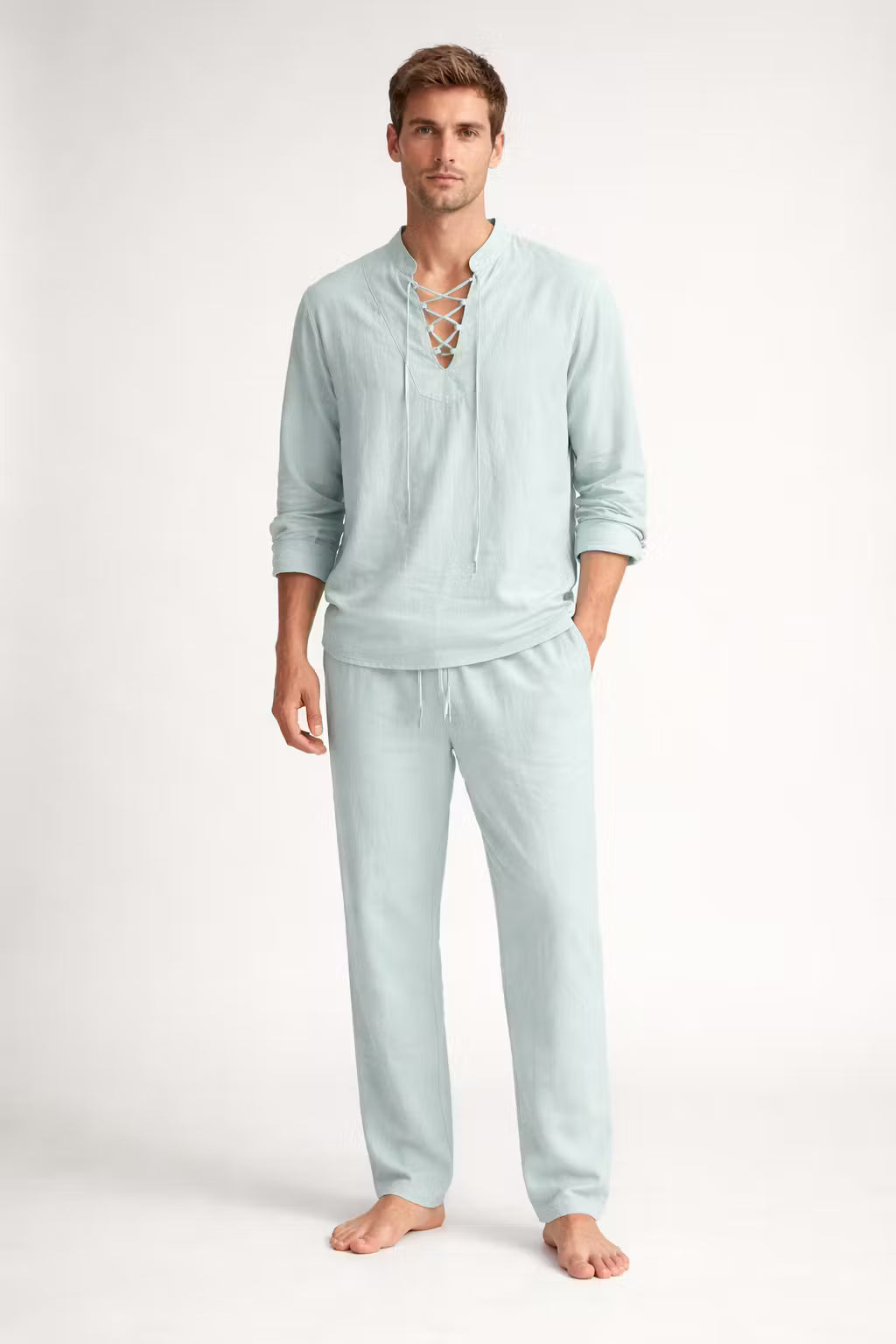 Teksturowany Komplet z Koszulą Wiązaną i Spodniami