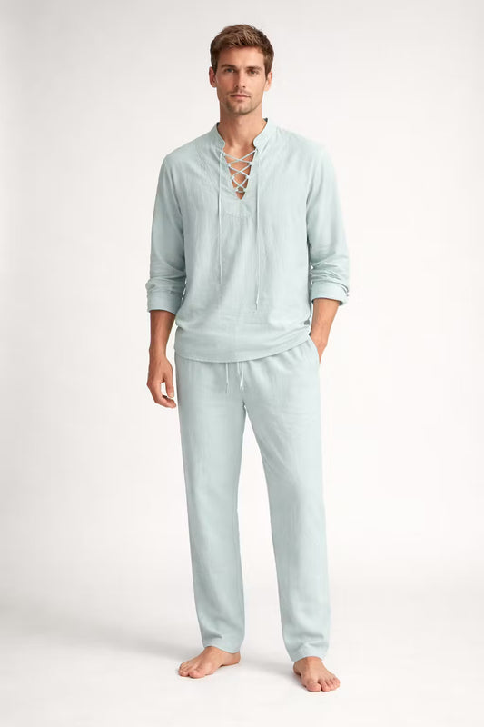 Teksturowany Komplet z Koszulą Wiązaną i Spodniami