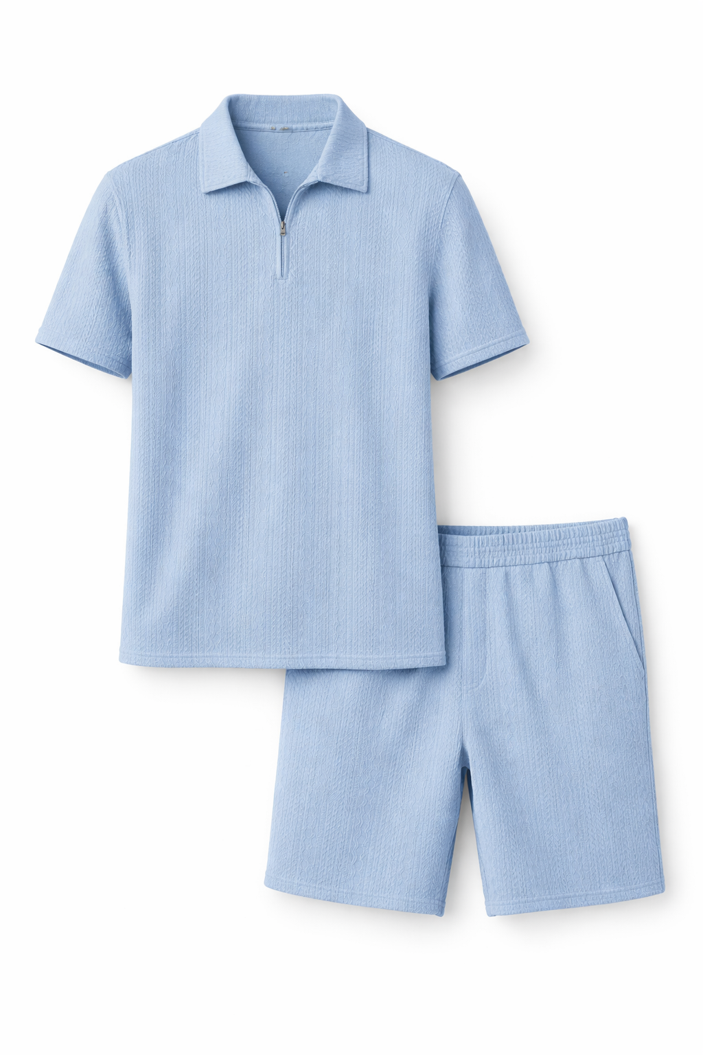 Teksturowany Komplet z Koszulką Polo na Zamek i Szortami