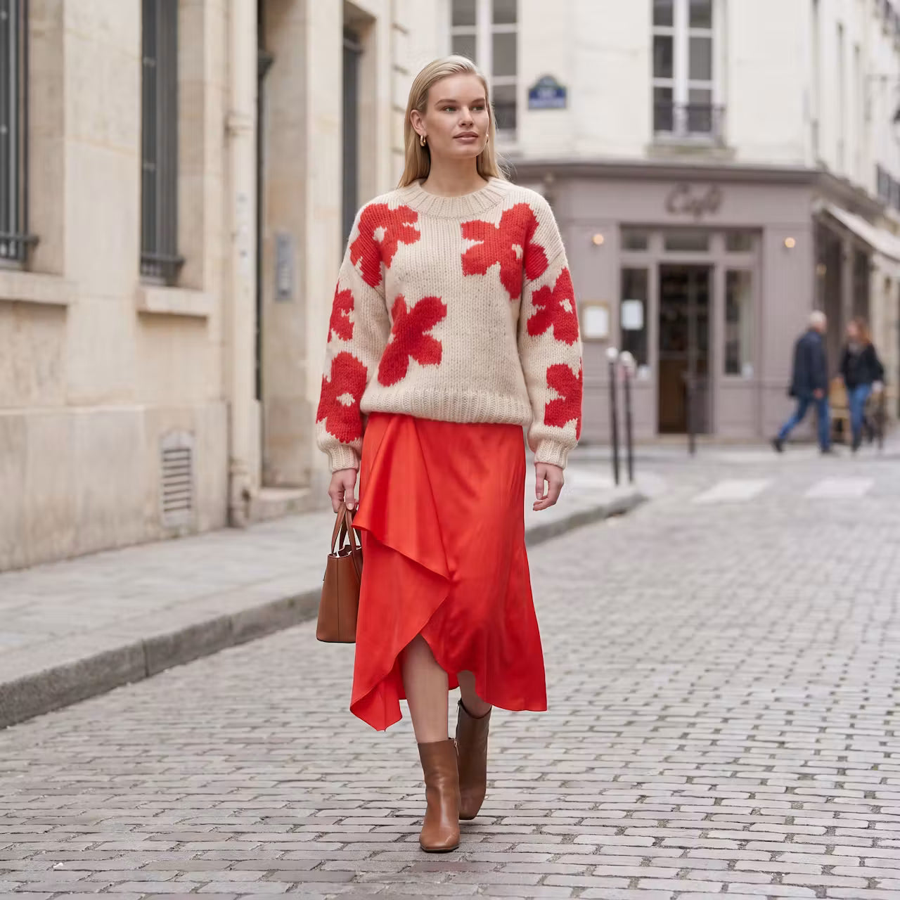 Fiora dzianinowy sweter w czerwone kwiaty
