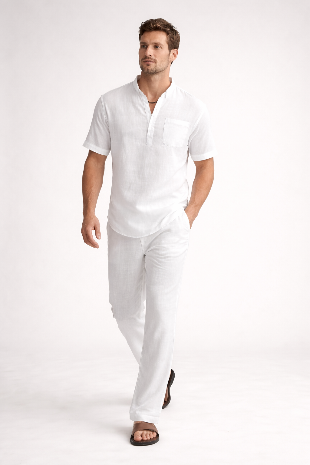 Teksturowany Komplet z Koszulą z Krótkim Rękawem i Spodniami z Mieszanki Lnu