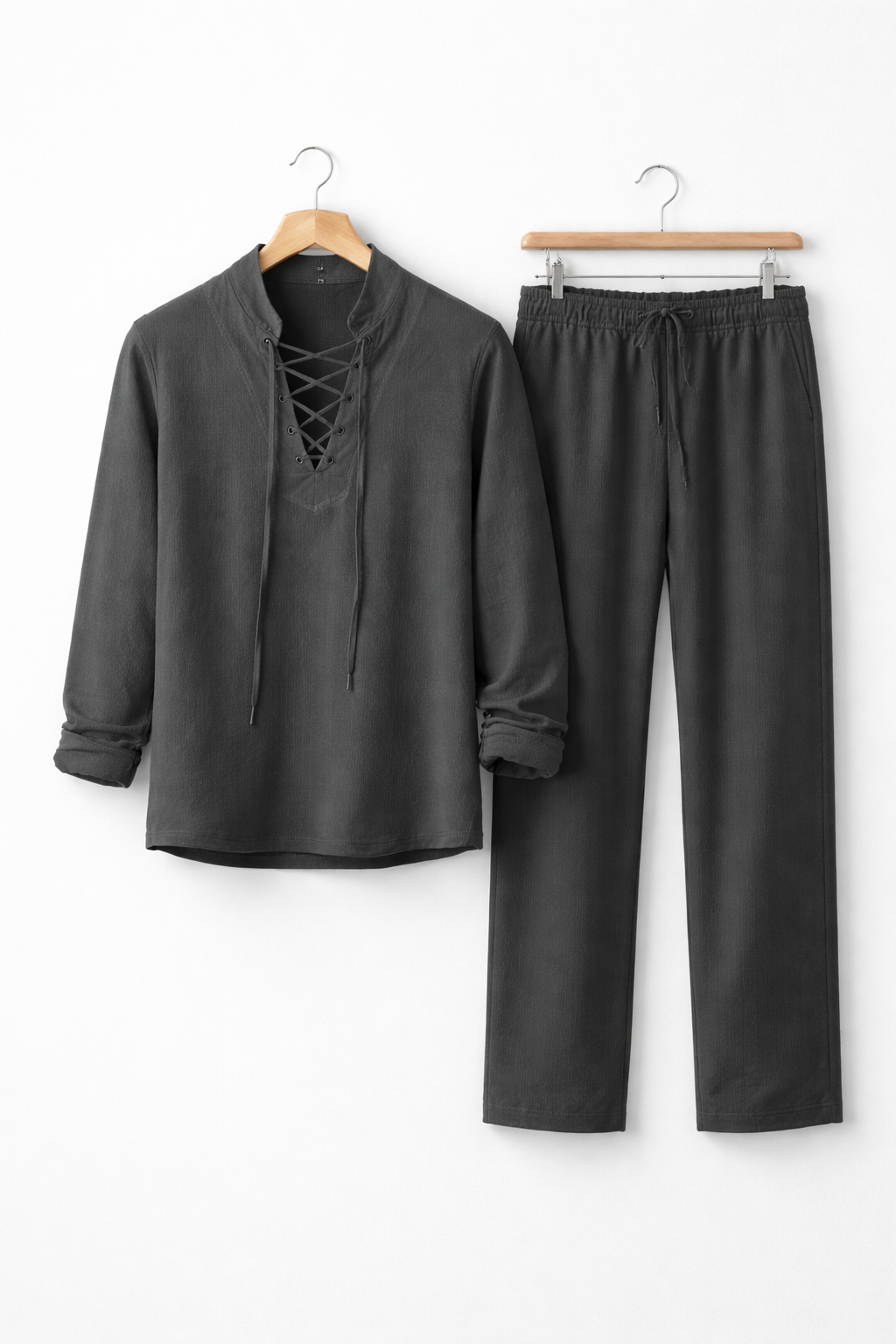 Teksturowany Komplet z Koszulą Wiązaną i Spodniami