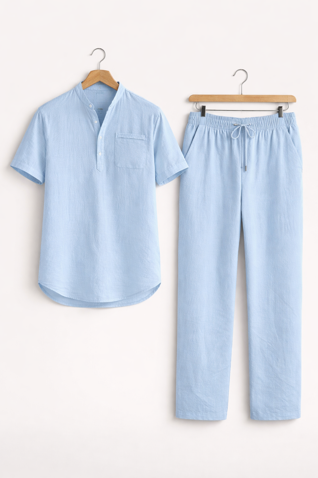 Teksturowany Komplet z Koszulą z Krótkim Rękawem i Spodniami z Mieszanki Lnu